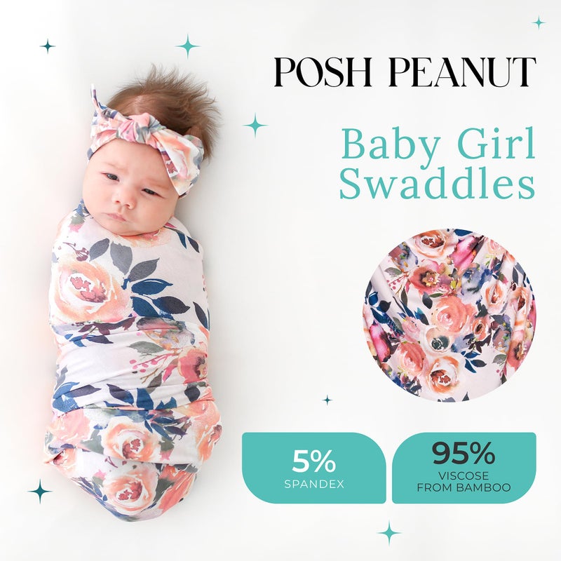 Posh Peanut Swaddle Blanket & Headband Set â€“ Viscose from Bamboo Stretchy Baby Swaddle for Newborn Girls, Receiving Blanket or Nursing Cover - Image 2